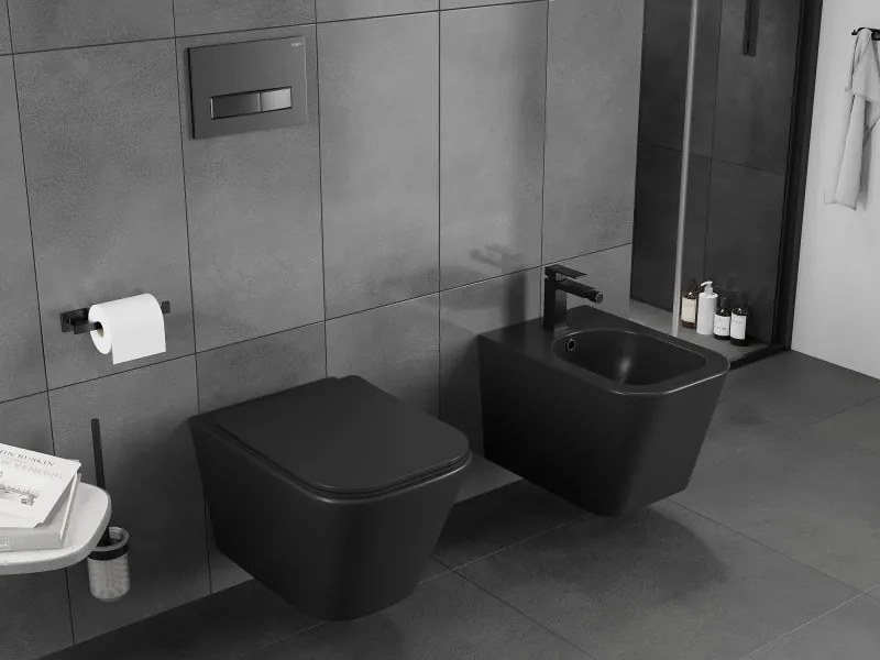 Mexen Teo, závesná WC misa 510x345x340 mm, Rimless Tornádo + WC sedadlo z duroplastu, čierna matná, 30850685T