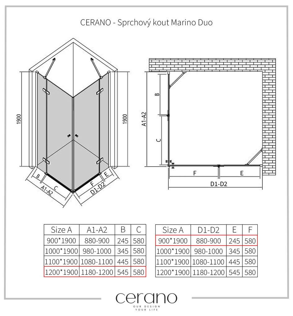 Cerano Marino Duo, sprchovací kút 120(dvere) x 90(dvere), 6mm číre sklo, čierny profil, CER-CER-480211