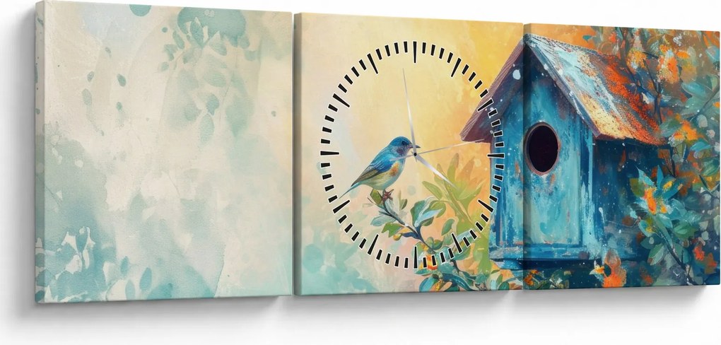 Obraz - Vtáčia búdka, akvarel (s hodinami) (90x30 cm)