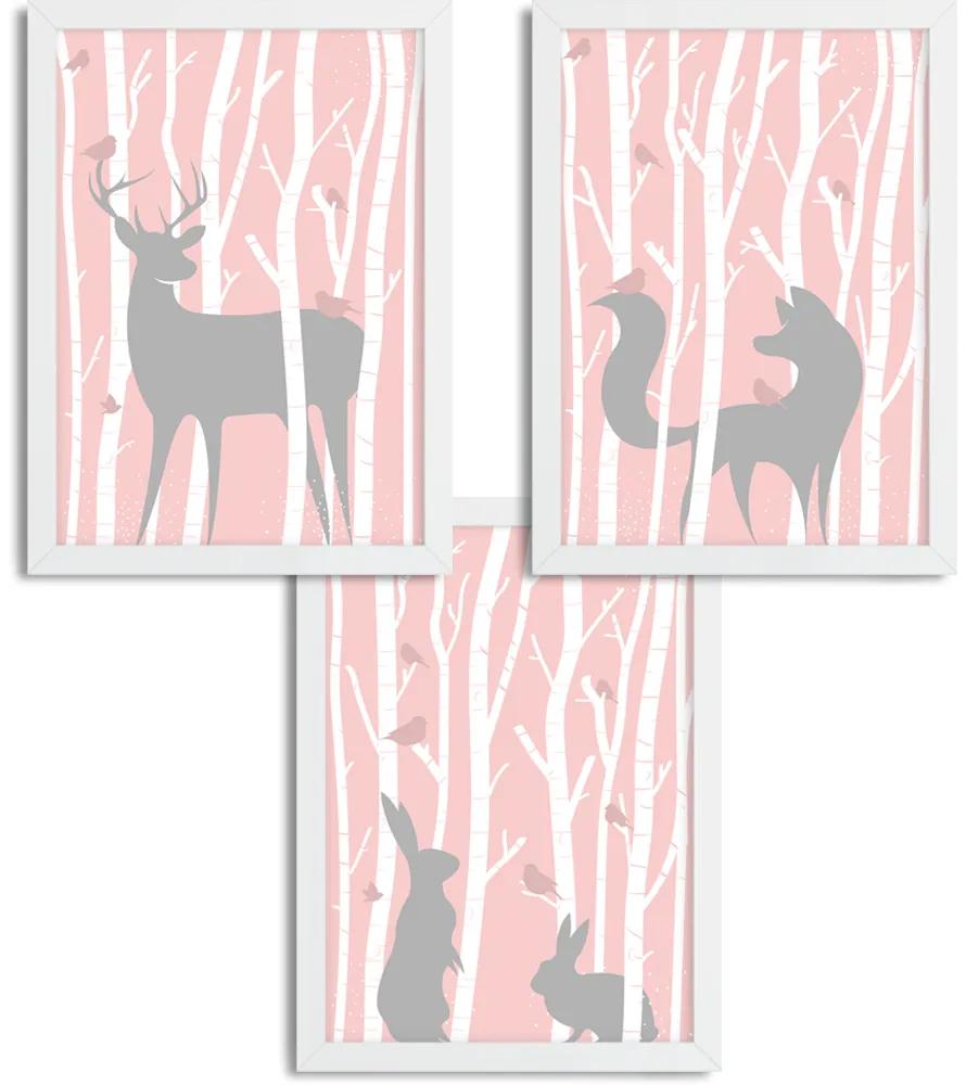 Séria 3 rámovaných obrazov pre deti - V lese - ružová - A3