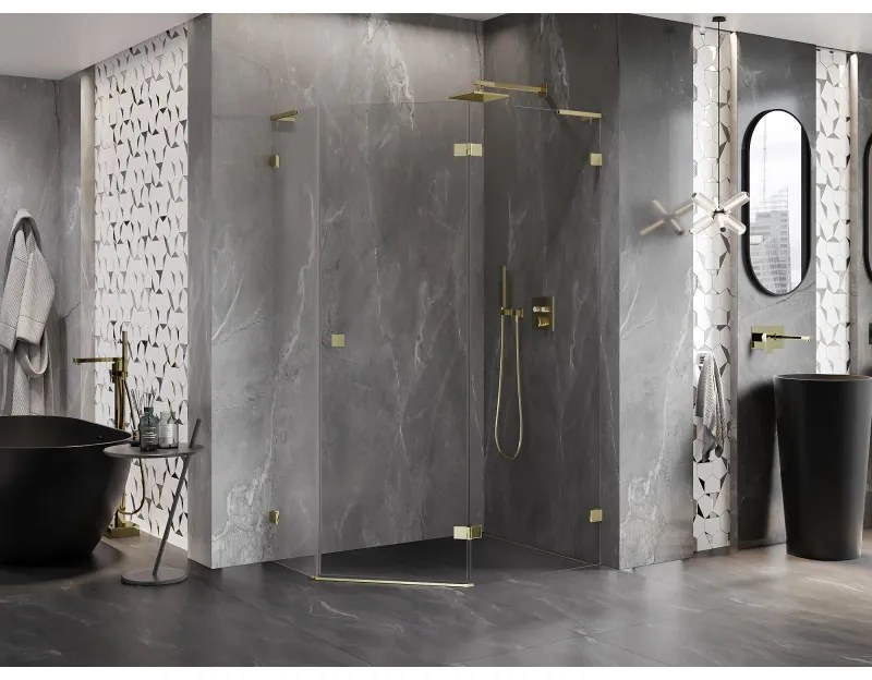 Mexen Lunar, L pravý výklopný päťuholníkový sprchový kút 90 x 80 cm, 8mm číre sklo, zlatý profil, 831L-090P-080L-50-00-P