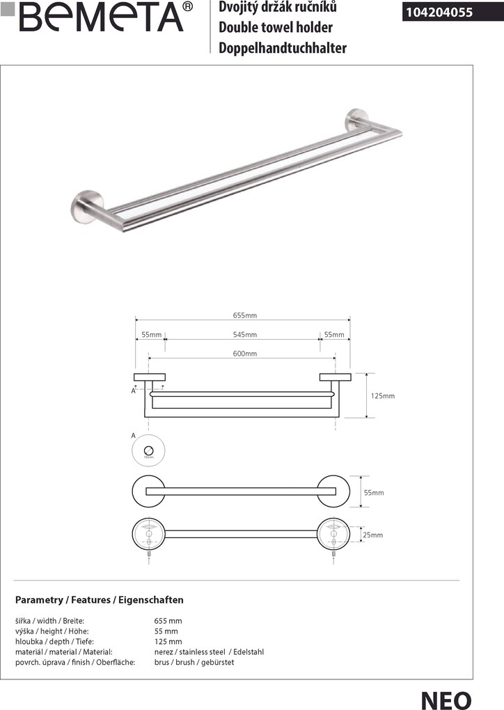 Bemeta Design NEO: Držiak uterákov, 600 mm, dvojitý - 104204055
