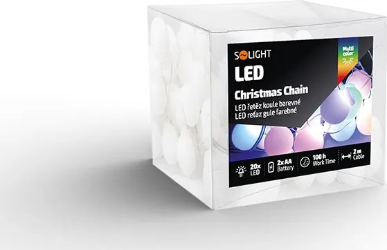 Solight LED vianočná reťaz farebné gule, 20x LED, 2m, 2x AA
