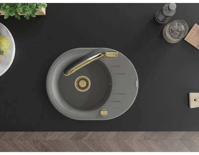 Mexen Kevin, granitový drez 586x458x190 mm, 1-komorový a biela batéria Duo, šedá, 6517-71-671701-57-G