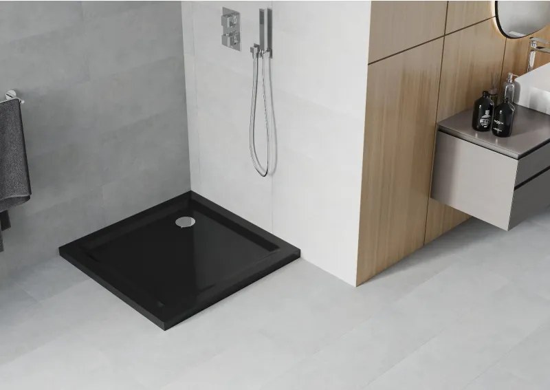 Mexen Slim, štvorcová sprchová vanička 80x80x5cm + chrómový sifón, čierna, 40708080