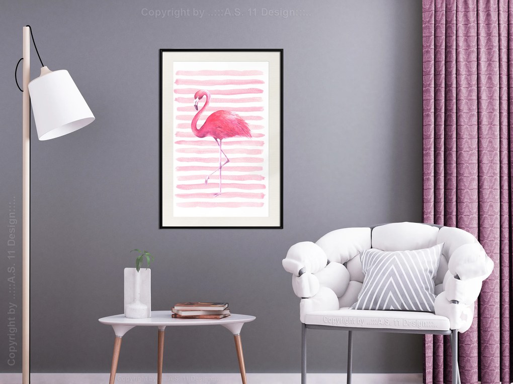 Artgeist Plagát - Flamingo and Stripes [Poster] Veľkosť: 20x30, Verzia: Čierny rám s passe-partout