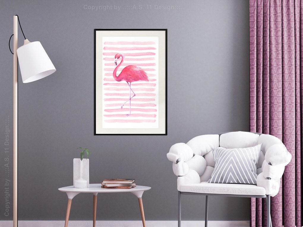 Artgeist Plagát - Flamingo and Stripes [Poster] Veľkosť: 20x30, Verzia: Zlatý rám s passe-partout