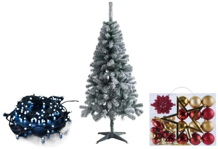 Livarno home Zasnežený umelý vianočný stromček, 150 cm + Svetelná LED reťaz, studená biela + Ozdoby, červené/zlaté  (800011005)