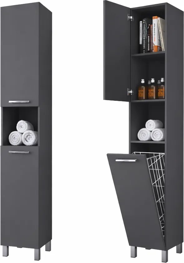 NORMANDIA 30 matná antracitová sivá, Kúpeľňová skrinka, s košom na bielizeň, úložným priestorom a policami