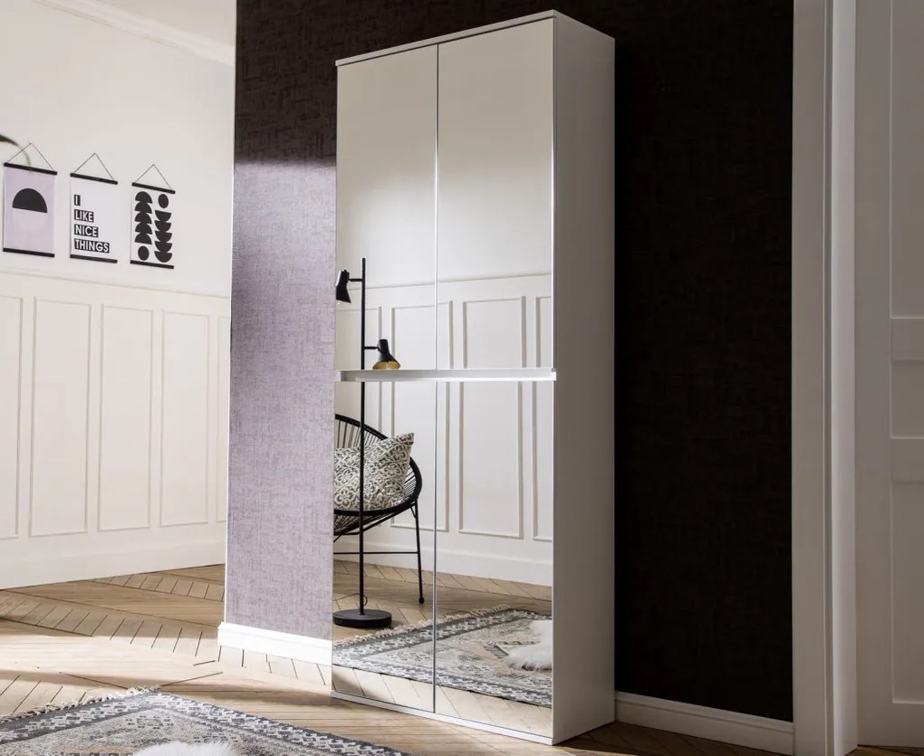 Zrkadlová viacúčelová skriňa s policami Mirror, 74 cm, biela