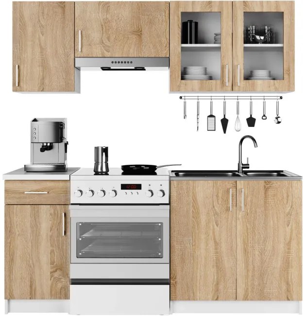 Kuchynská linka LIMA s vitrínou 1.8 m biela / dub sonoma