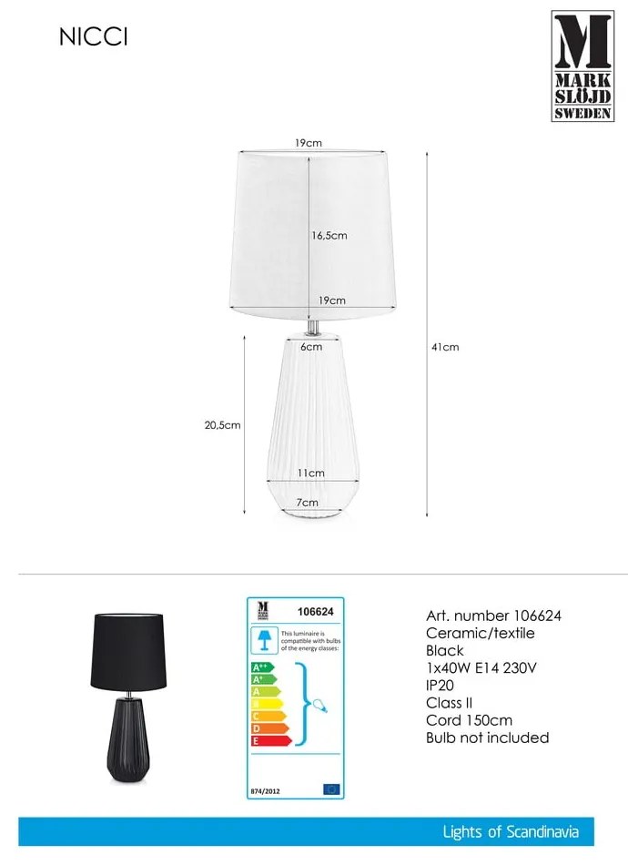 Čierna stolová lampa Markslöjd Nicci, ø 19 cm