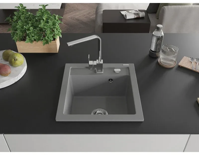 Mexen Vito, 1-komorový granitový drez 520x490x210 mm, chrómová batéria Rita, šedá, 6503-71-670300-00
