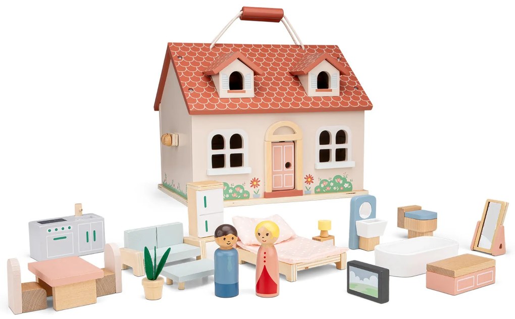 Rozkladací drevený dom pre bábiky s nábytkom
