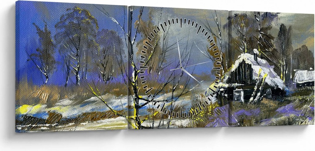Obraz chalúpky v zimnej krajine, olejomaľba (s hodinami) (90x30 cm)