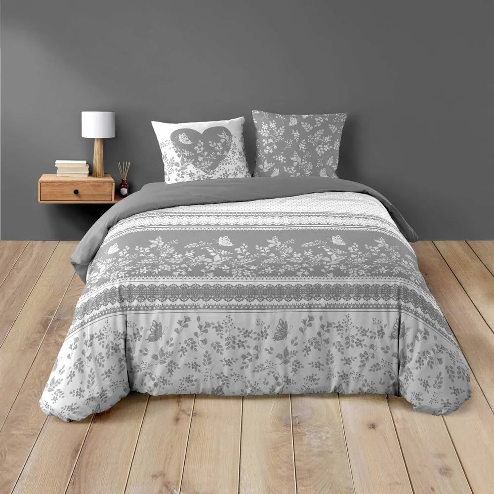Biele/sivé 3-dielne bavlnené obliečky na dvojlôžko/predĺžené 240x220 cm Annie – douceur d'intérieur