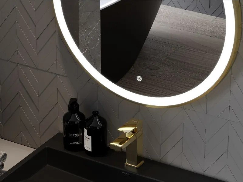 Mexen Esso, okrúhle LED podsvietené kúpeľňové zrkadlo 80 cm, 6000K, vykurovacia podložka proti zahmlievaniu, zlatý rám, 9825-080-080-611-50