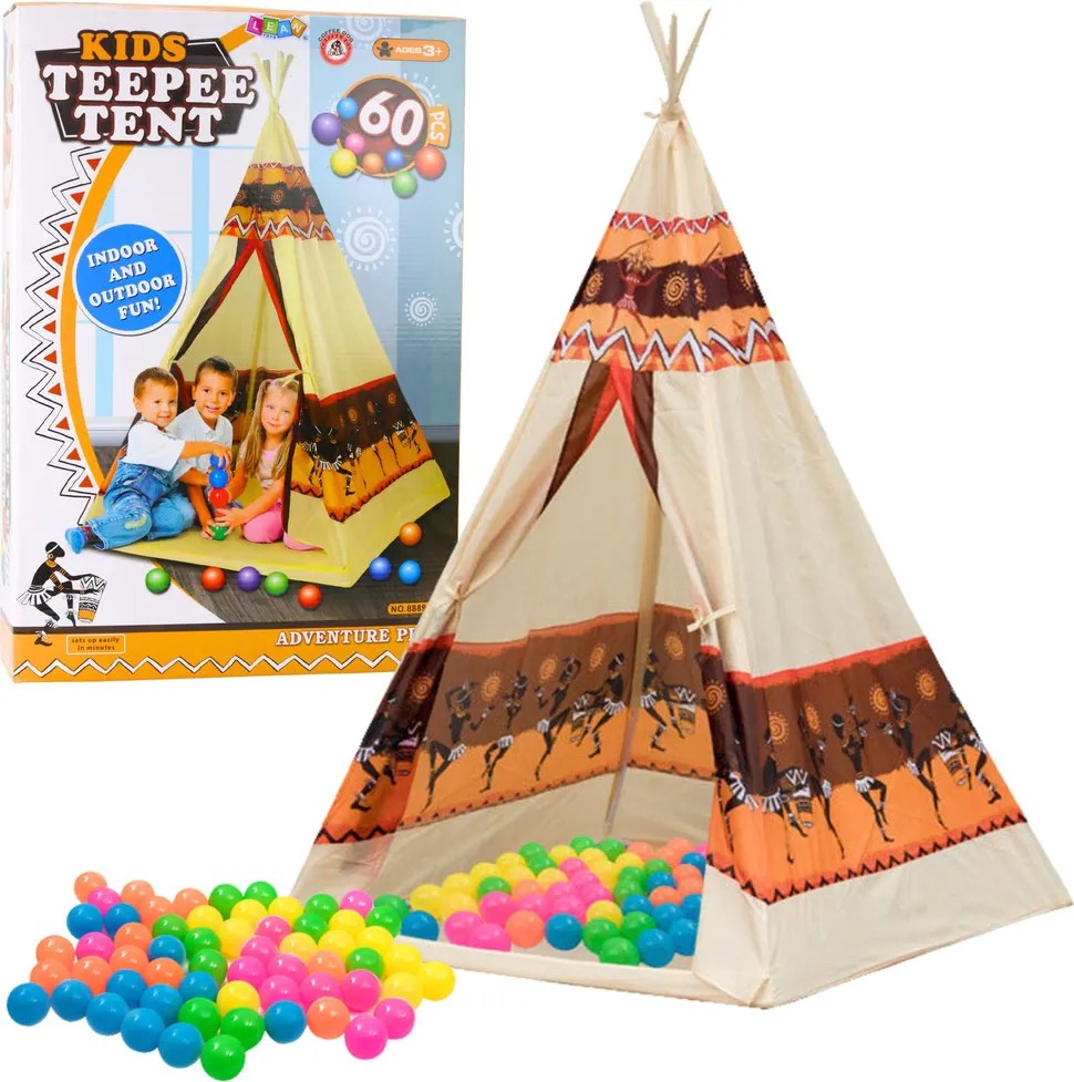 LEAN Toys Indiánsky stan Tipi pre deti + 60 loptičiek 155 cm