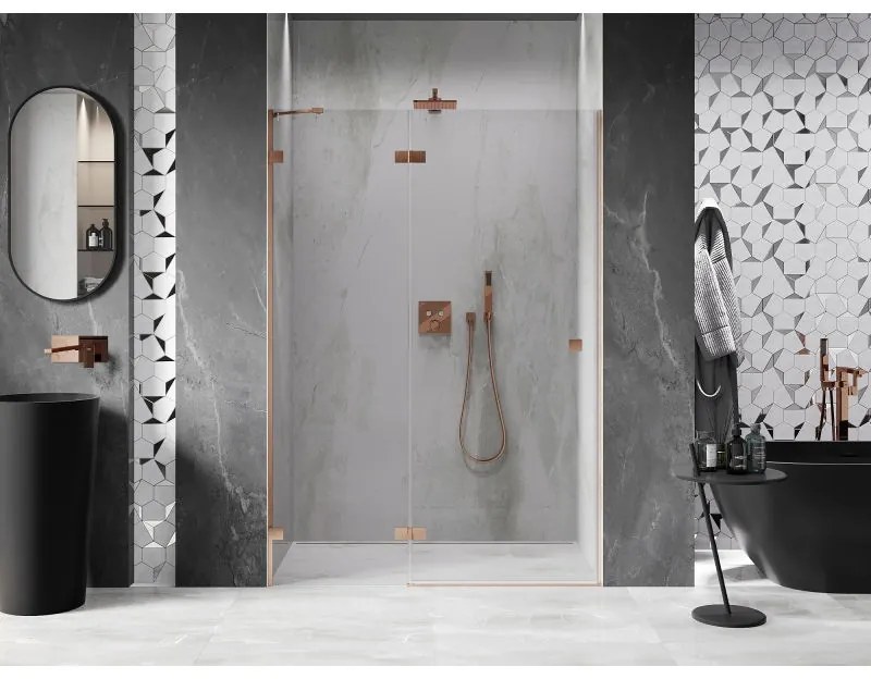 Mexen Lunar, ľavé výklopné sprchové dvere 130 cm, 8mm číre sklo, medený matný profil, 834-130-000-65-00-L