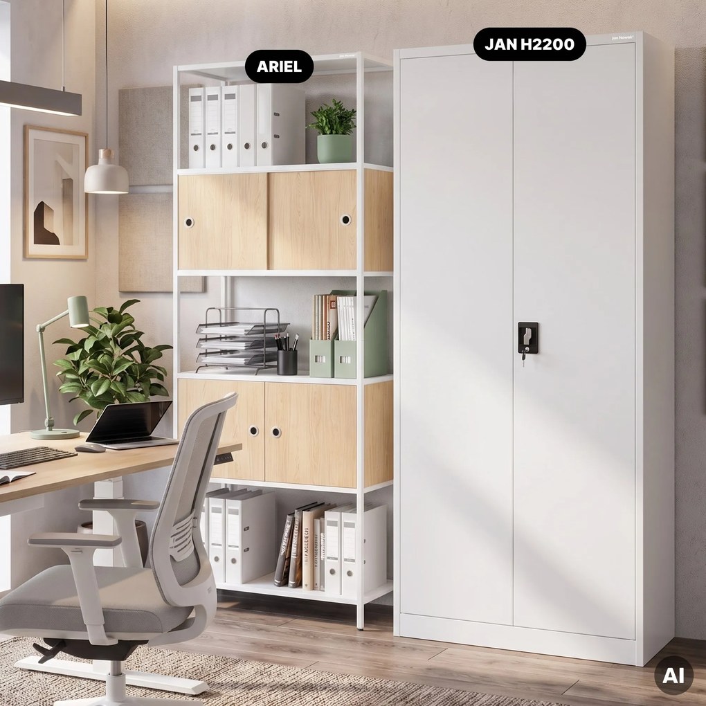 Regál na šanóny s uzamykateľnou skrinkou, kancelársky, otvorené police, kovový biely/dub sonoma, 800x2200x400 mm: ARIEL Eco Design
