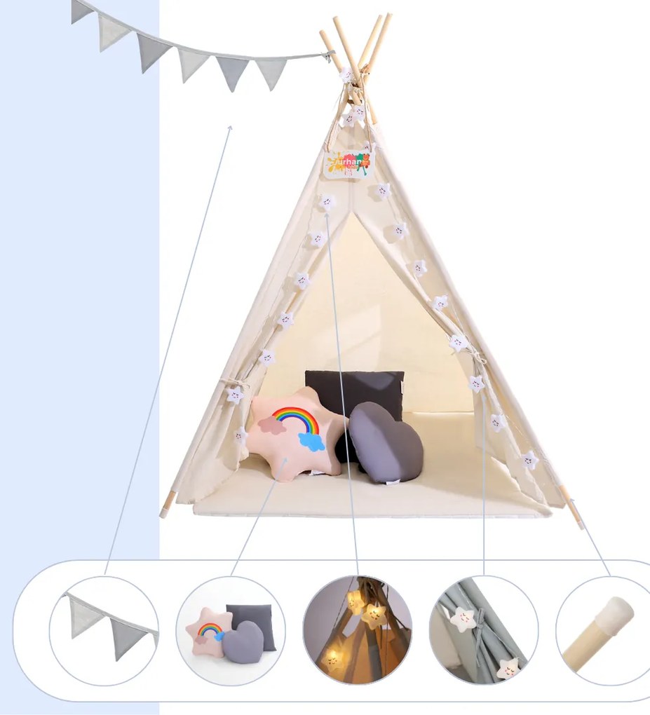 Detský stan teepee JULIUS, 120x120x160cm, biela/šedá Jurhan
