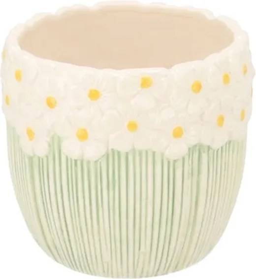 Bielo-zelený obal na kvetináč s reliéfom kvetov Jane Flower - Ø 10*9 cm