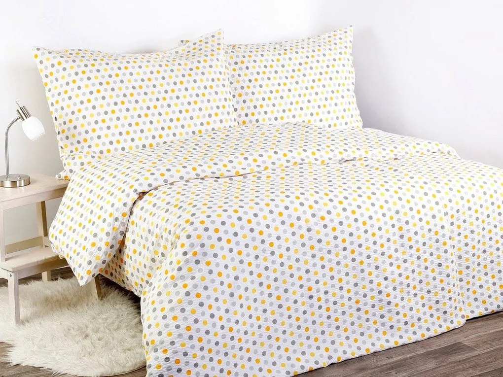 Škodák Krepové posteľné obliečky vzor KR-532 Žlté a sivé bodky na bielom - Jednolôžko 140 x 200 cm