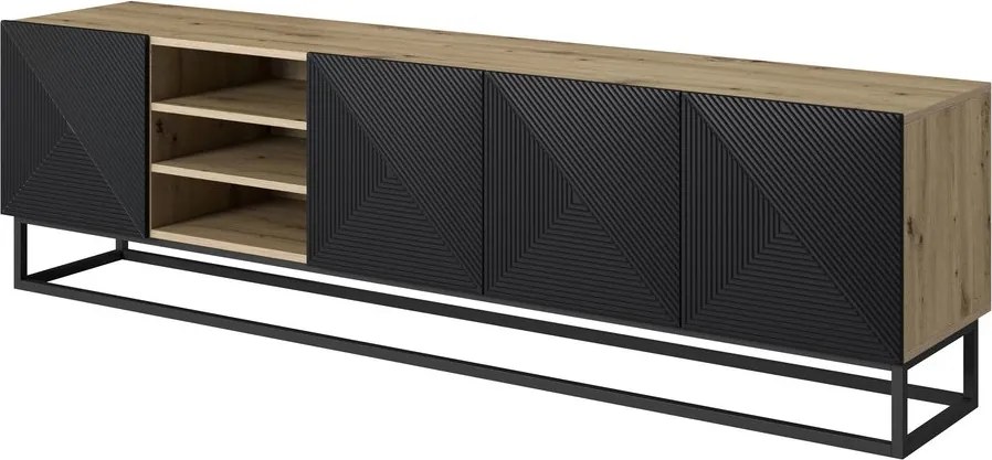 TV skrinka Asha 200 cm s otvorenými policami na podstavci - dub artisan / čierny mat