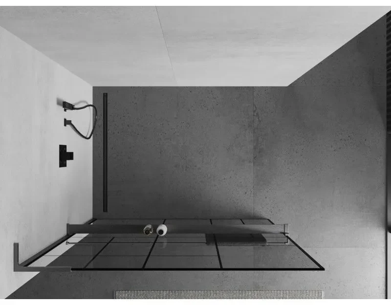 Mexen Kioto+ L, sprchová zástena Walk-In s poličkou a vešiakom 120 x 200 cm, 8mm číre sklo čierny vzor, grafitový profil, 800-120-123-66-78