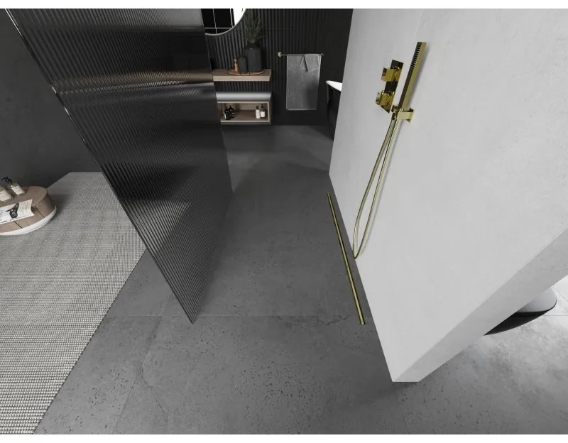 Mexen Kioto, sprchová zástena Walk-In 120 x 200 cm, 8mm sklo s rebrovým vzorom, zlatý matný profil, 800-120-002-55-09