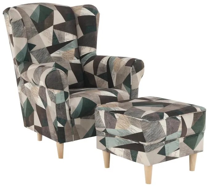 Kondela Kreslo, ušiak s taburetom, hnedozelená vzor látka, ASTRID