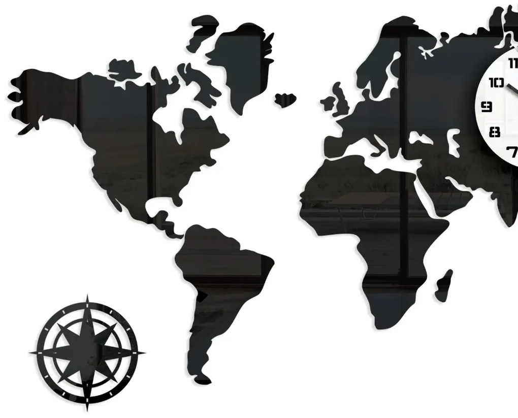3D nalepovacie hodiny Continents čierno-biele