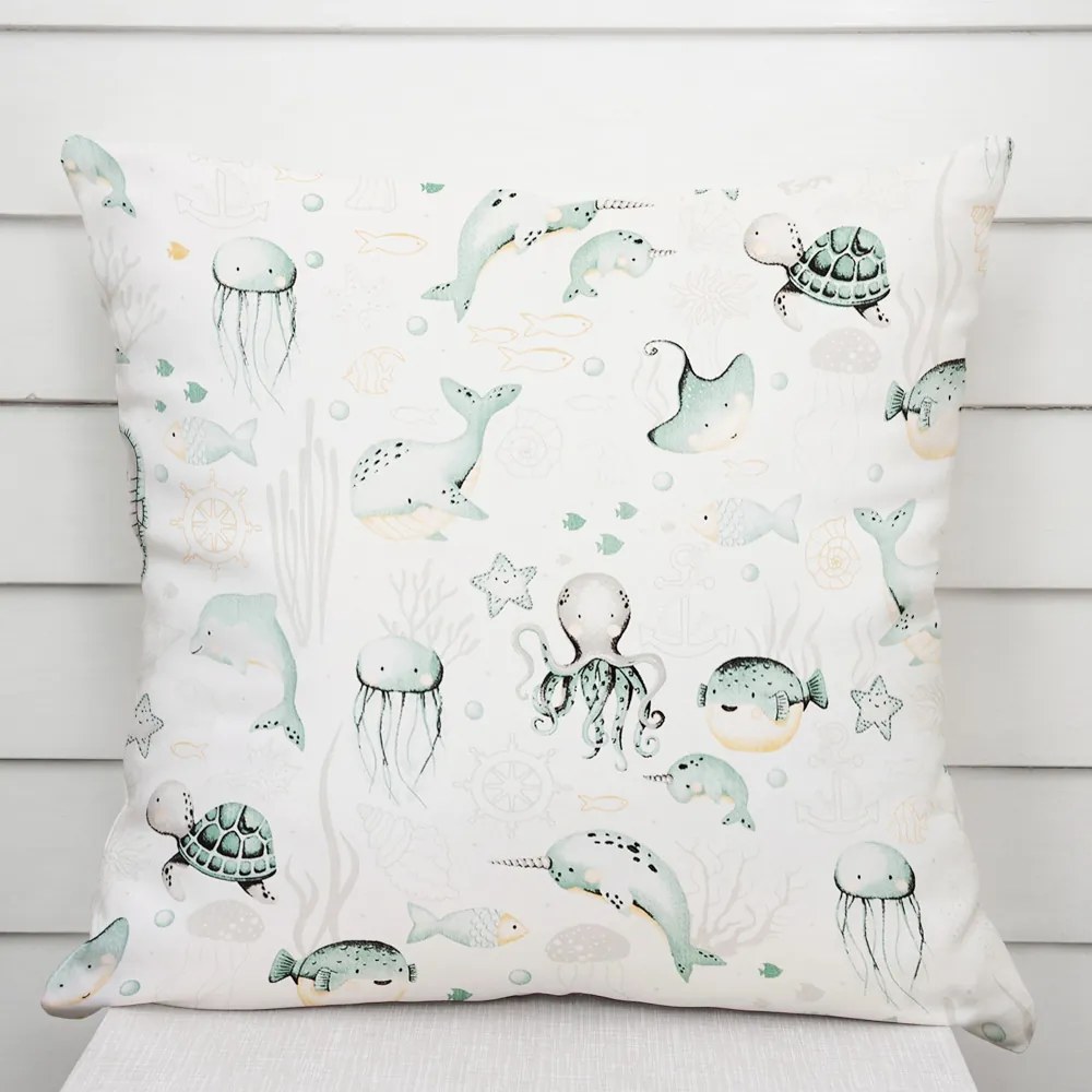 Biante Detská bavlnená obliečka na vankúš Sandra SA-688 Morský svet zelený na bielom 50 x 50 cm