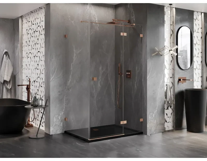 Mexen Lunar T, pravý výklopný sprchový kút 140 x 110 cm, 8mm číre sklo, profil medená matná, 834T-140-110-65-00-P
