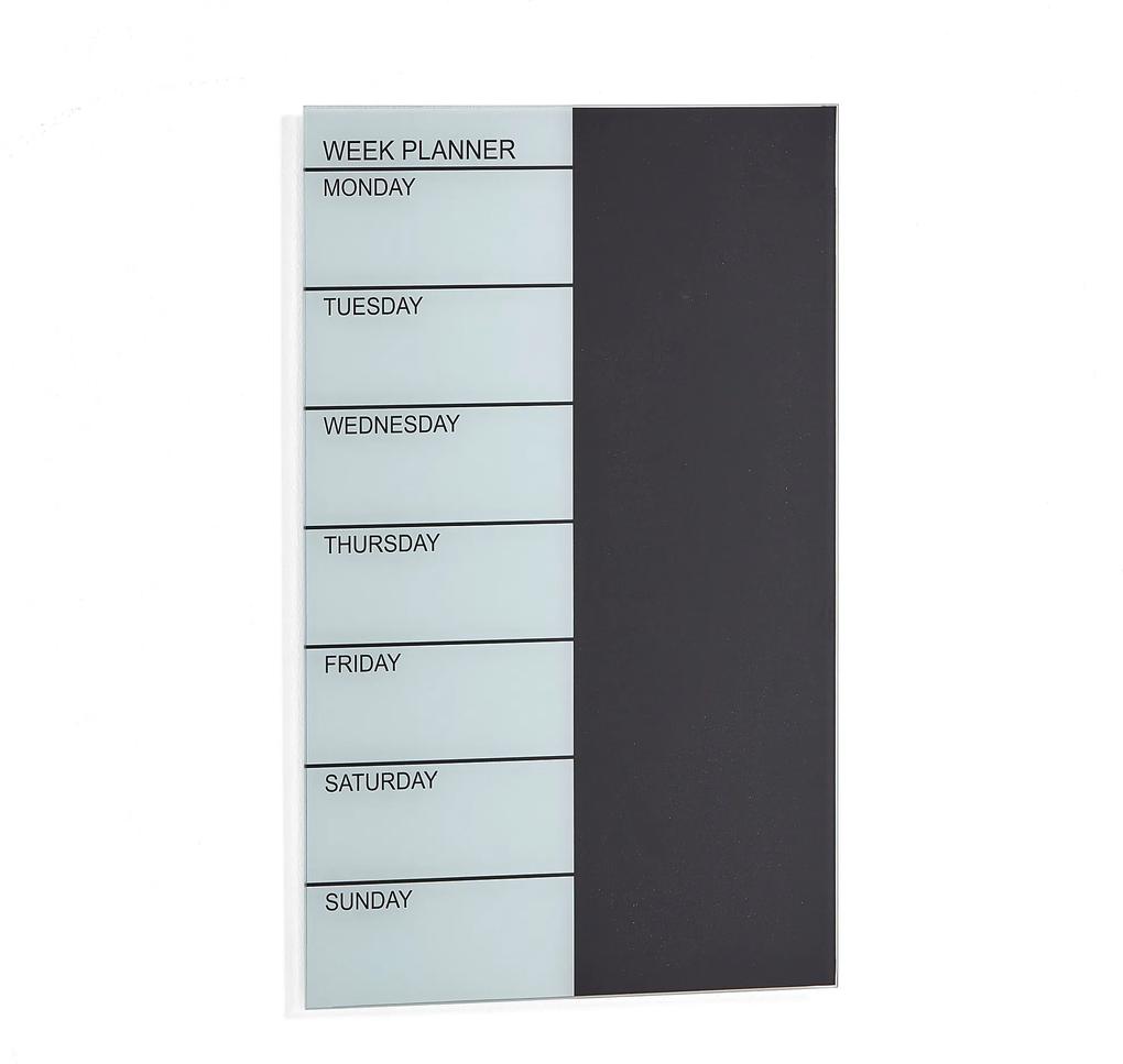 Sklenená plánovacia tabuľa Peggy, týždenná, 400x600 mm, čierna/biela