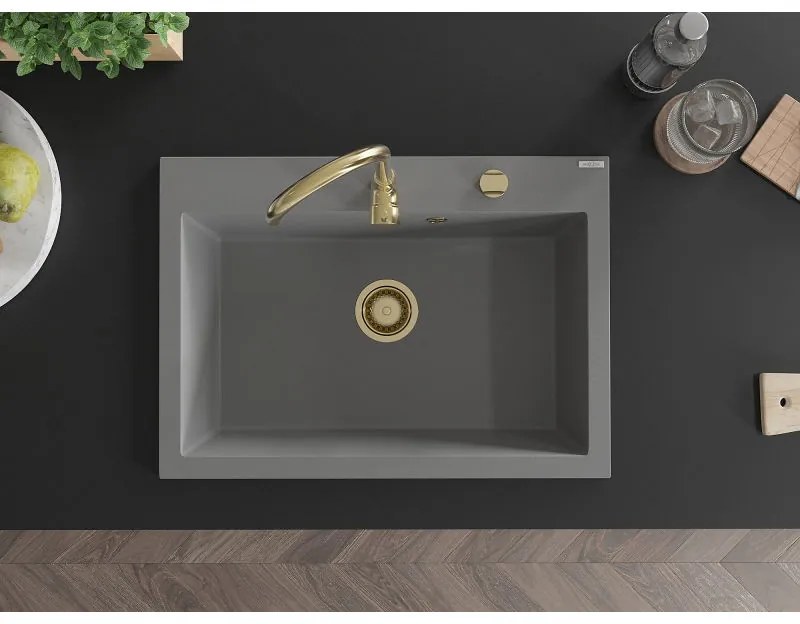 Mexen Elix, 1-korový granitový drez 700 x 500 mm, šedá, zlatý sifón, 6526701005-71-G