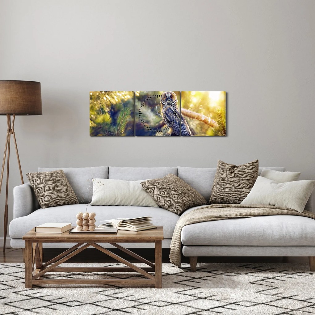Obraz sovy na strome (s hodinami) (90x30 cm)