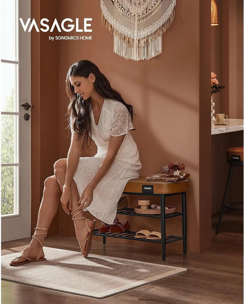 EKHO Lavička s policami na topánky, čalúnené sedadlo, botník, karamelovo hnedá