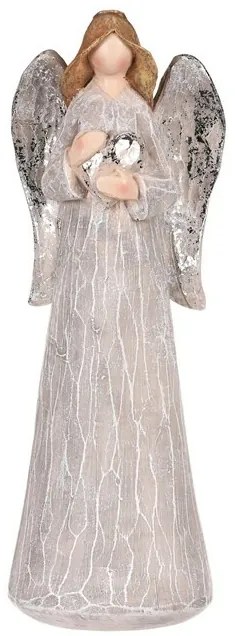 Dekorácia Anjel so striebornými krídlami a srdcom, polyresin, sivá