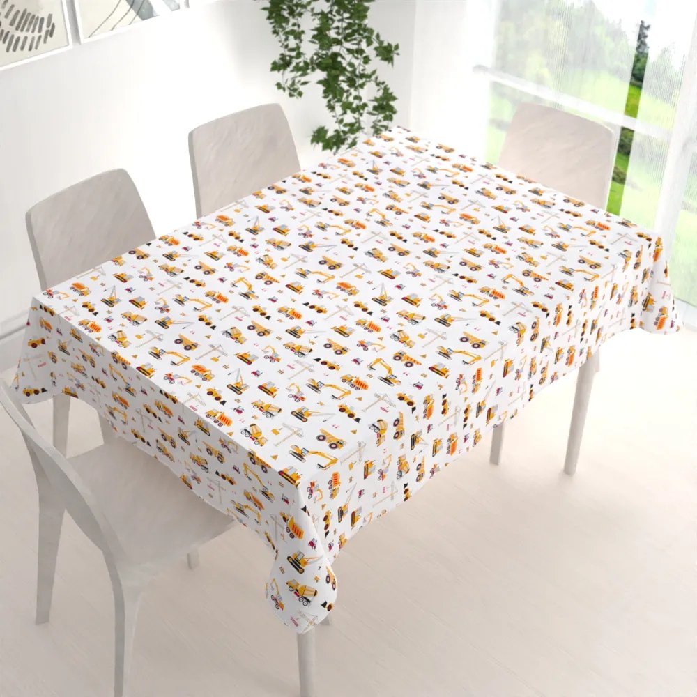 Biante Detský bavlnený obdĺžnikový obrus Sandra SA-081 Nákladné autá a bágre na bielom 140x220 cm