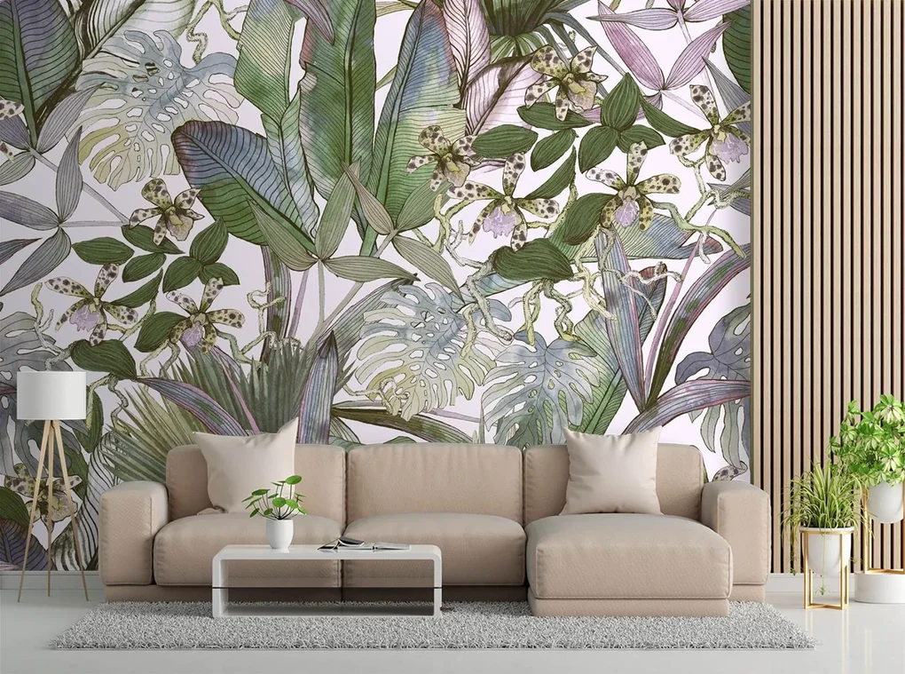 Gario Fototapeta Monstera a tropické listy v pastelových farbách Materiál: Vliesová, Rozmery: 300 x 210 cm