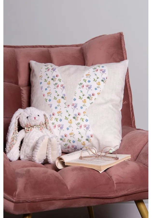 Béžová obliečka na vankúš s hlavou zajačika a kvety - 45*45cm