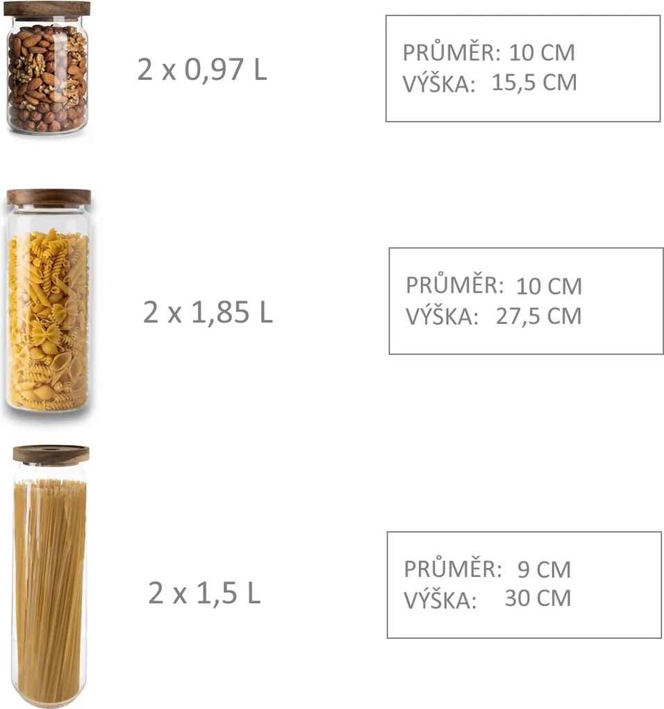 Orion Sada 6ks sklenených dóz s agátovým vekom, BOROSIL 0,97 / 1,5 / 1,85 L
