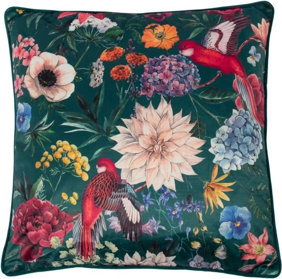 Zelený zamatový vankúš s kvetmi Imelda – 45*45*8 cm