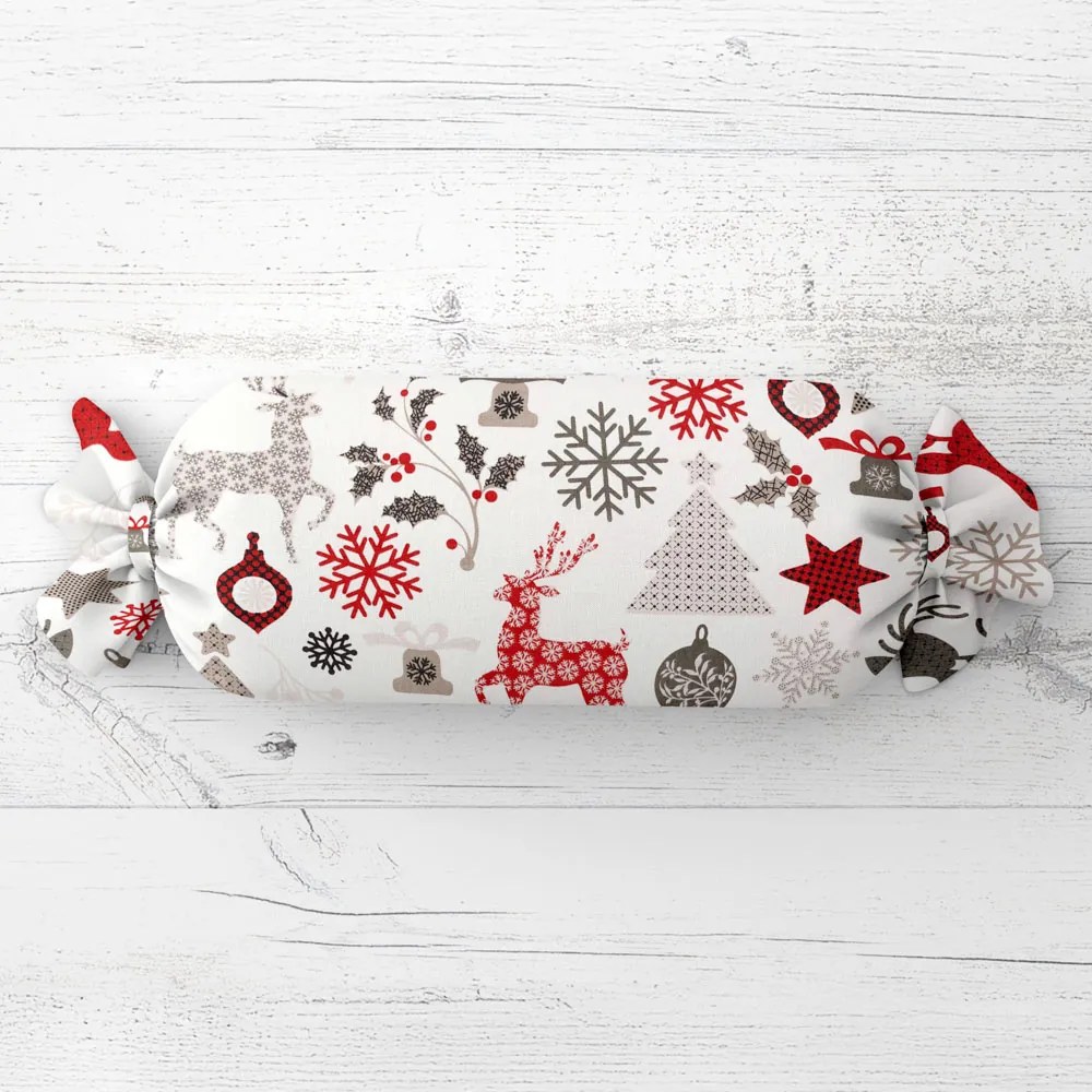 Biante Vankúš valec bonbon Sandra SA-541 Sivo-červené vianočné motívy na bielom 15x60 cm
