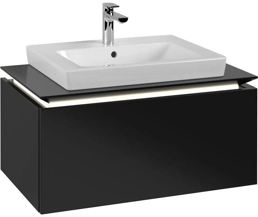 VILLEROY &amp; BOCH Legato závesná skrinka pod umývadlo (umývadlo v strede), 1 zásuvka, s LED osvetlením, 800 x 500 x 380 mm, Black Matt Lacquer, B678L0PD