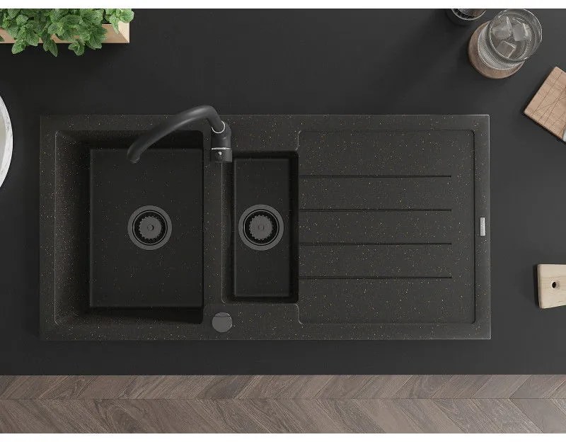 Mexen Andres, granitový drez 1000x500x200 mm, 1,5-komorový, čierna so zlatou metalízou a čiernym sifónom, 6515101510-75-B