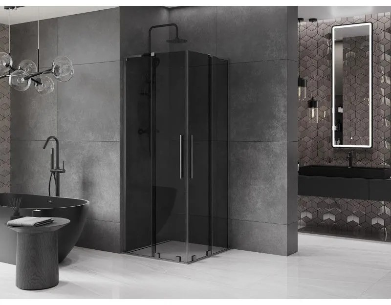 Mexen Velar L Duo, sprchový kút s posuvnými dverami 90 x 90 cm, 8mm šedé sklo, brúsený grafit, 871-090-090-02-43-66