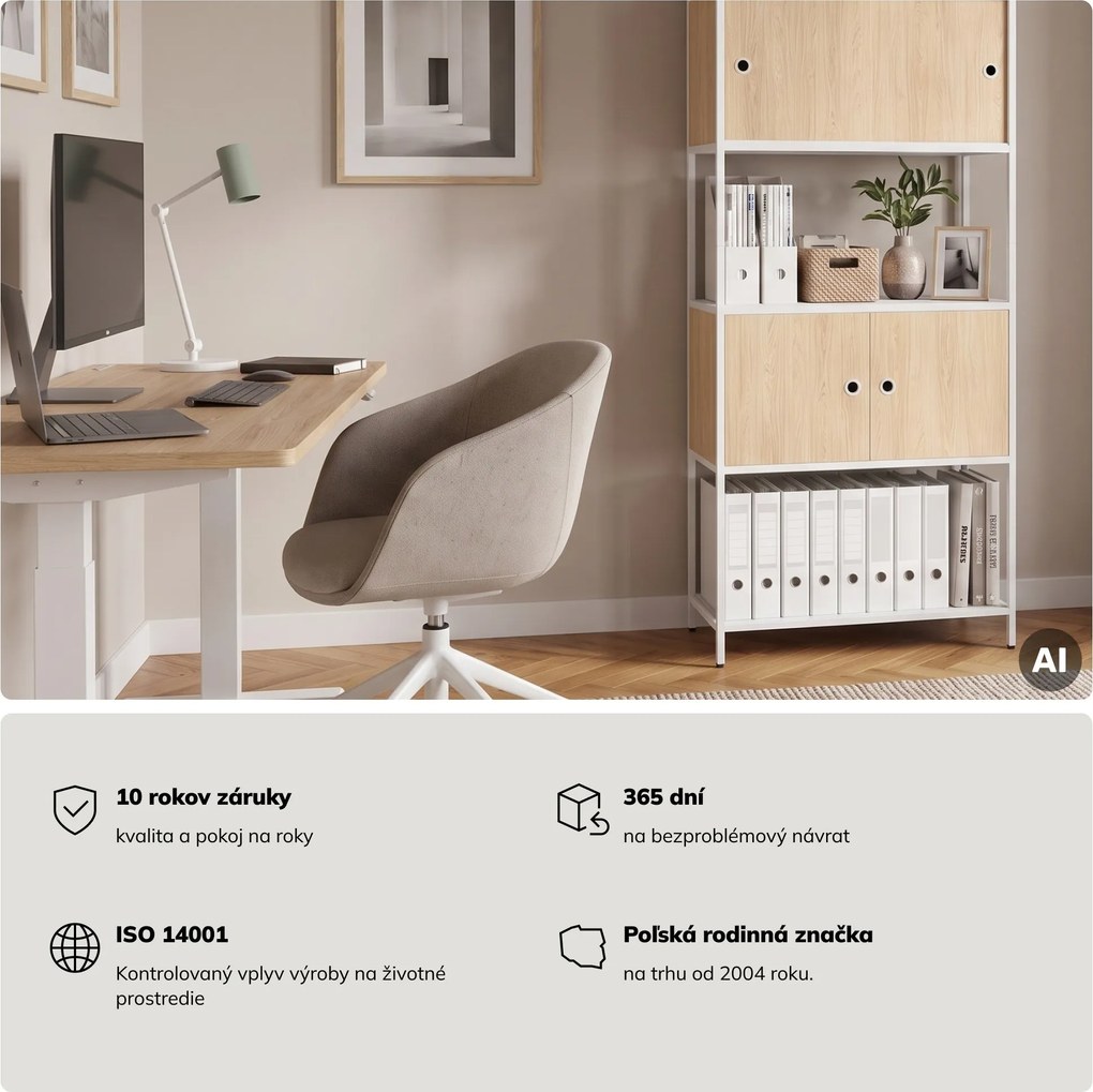 Regál na šanóny s uzamykateľnou skrinkou, kancelársky, otvorené police, kovový biely/dub sonoma, 800x2200x400 mm: ARIEL Eco Design