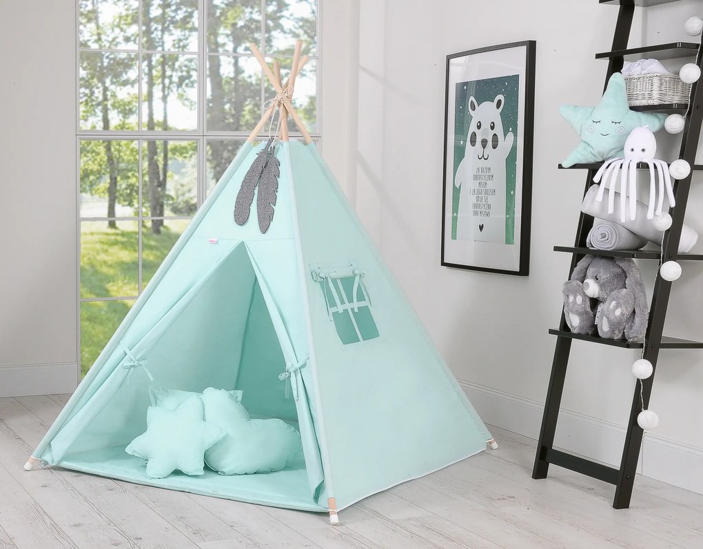 Bobono Stan Teepee pre deti + podložka na hranie + ozdobné pierka - mätová